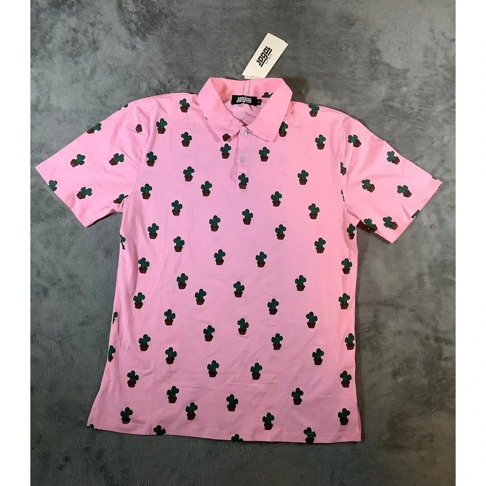 JOGAL Mens Pink Cactus Polo Shirt Size S Cotton Blend Stretch Short Sleeve Golf